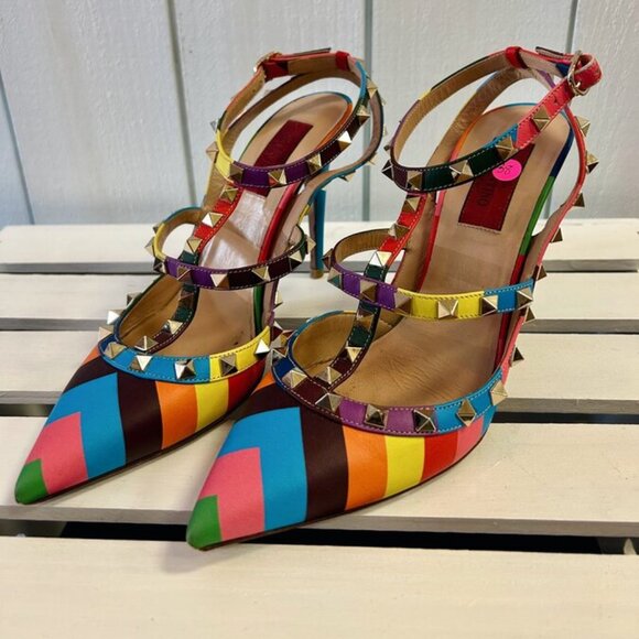 Valentino Garavani Rainbow Chevron Stud Heels - Size 38